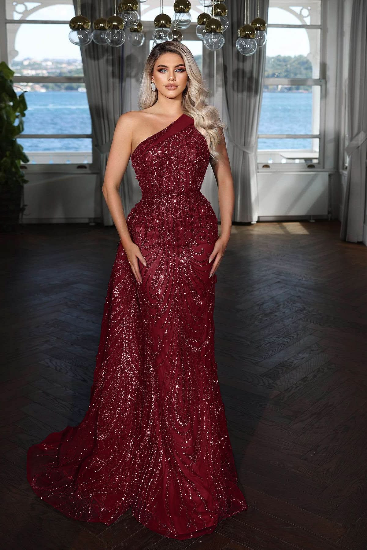 Elegant Dark Blue One Shoulder Mermaid Evening Dress with Sequins Applique BM bride