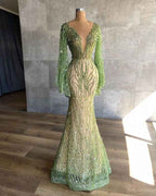 Charming Green Mermaid Beaded Prom Dress Long Sleeves With Sequins