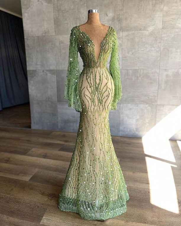 Charming Green Mermaid Beaded Prom Dress Long Sleeves With Sequins