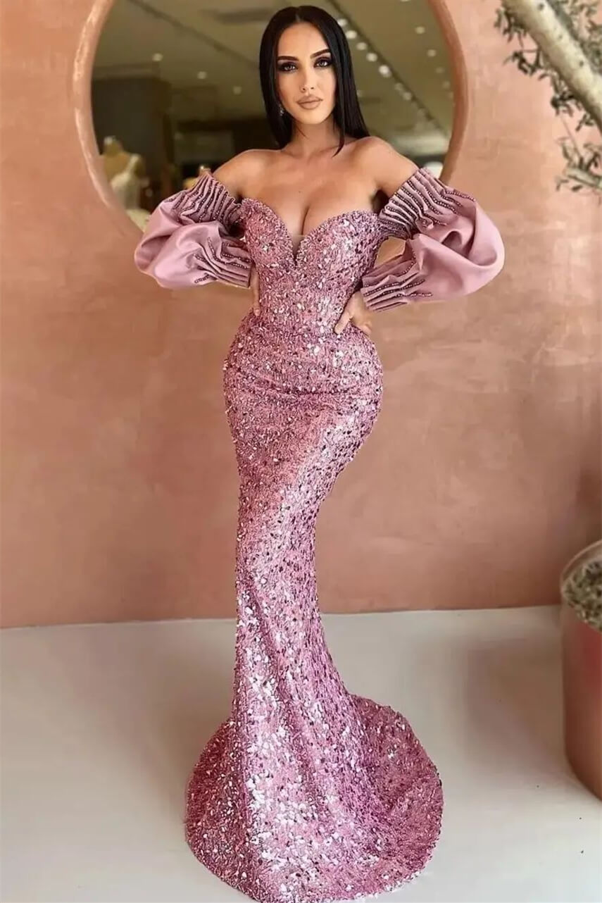 Off-The-Shoulder Mermaid Long Sleeve Evening Dress with Sequins BM bride