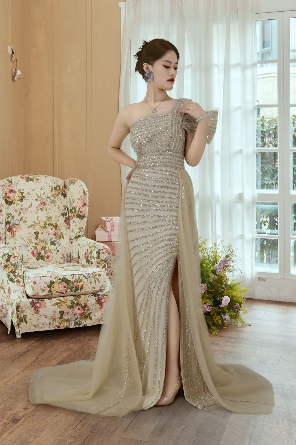 Sequins One Shoulder Prom Dress with Trail Split BM bride