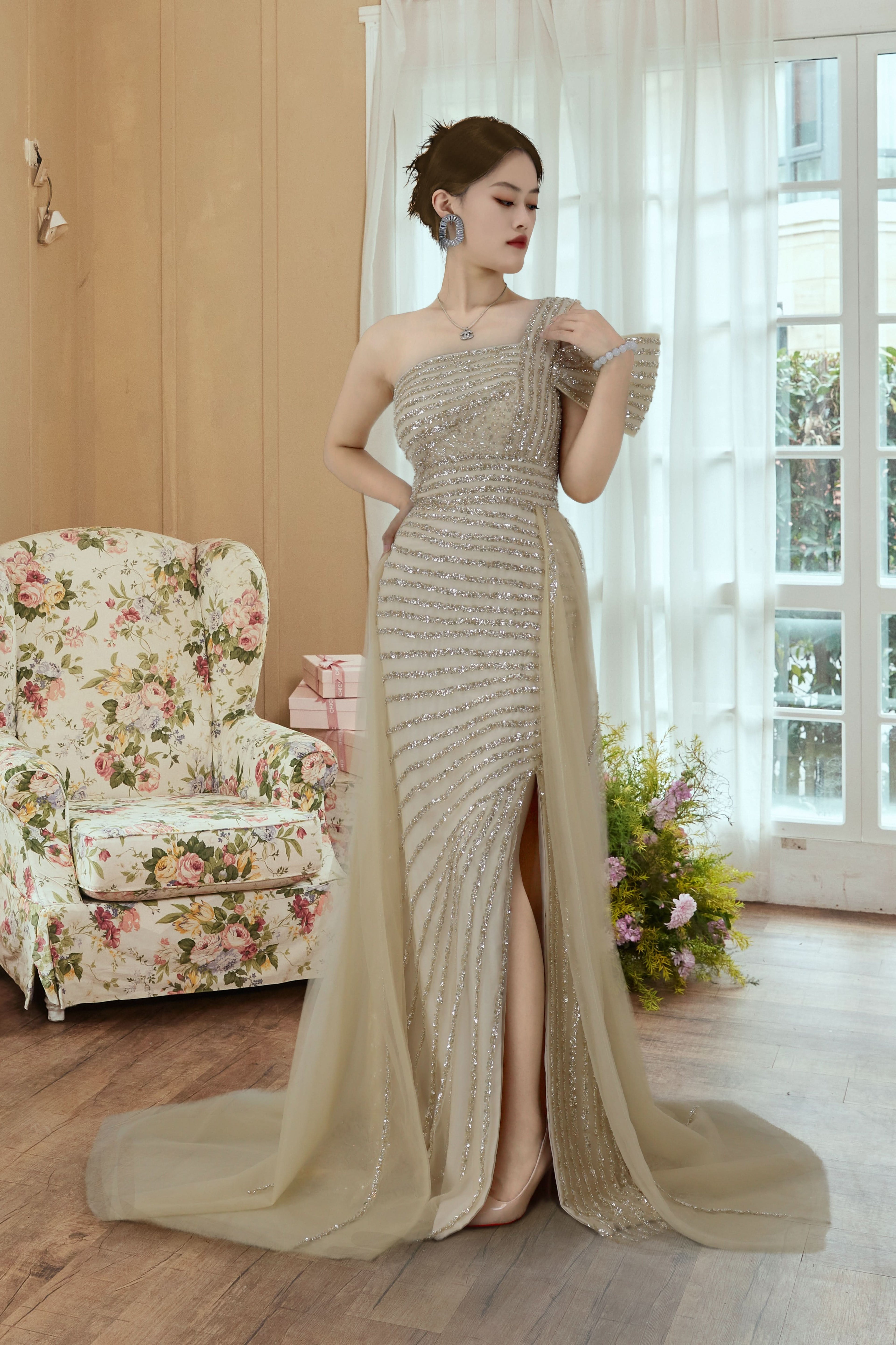 Sequins One Shoulder Prom Dress with Trail Split BM bride