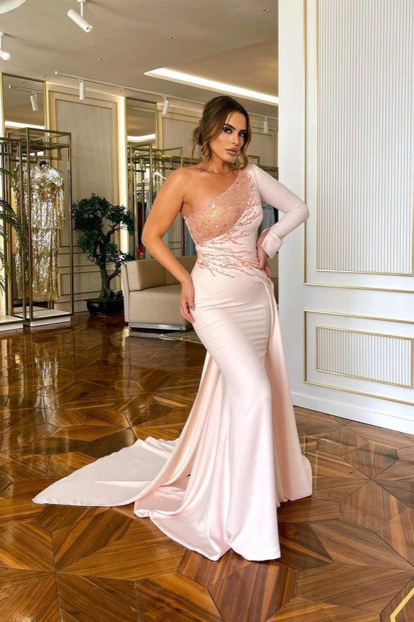 Light Pink One-Shoulder Long Mermaid Prom Dress with Sequin Appliqued BM bride