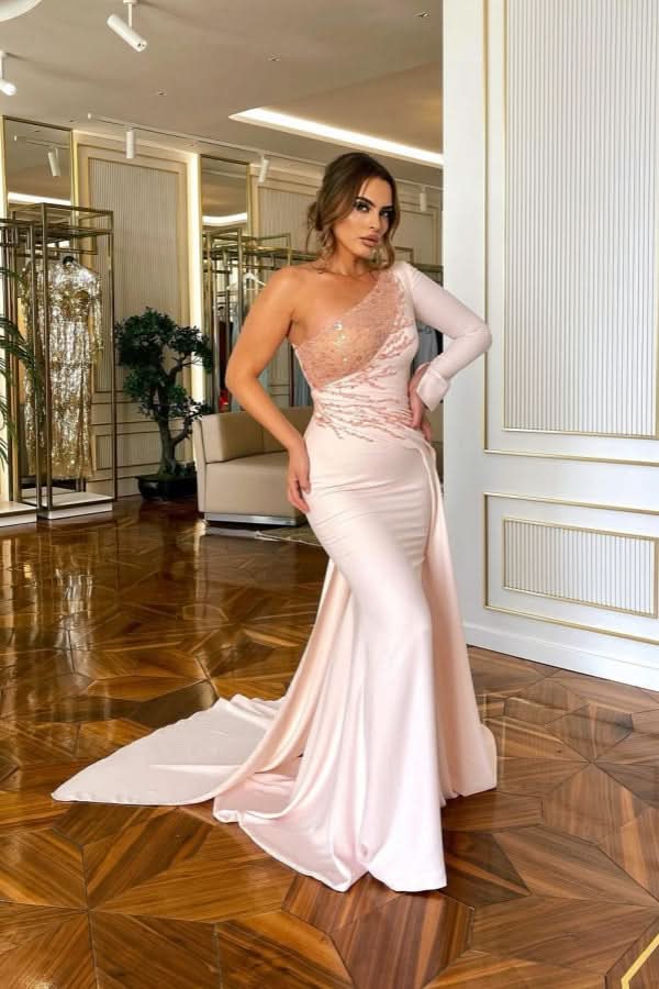 Light Pink One-Shoulder Long Mermaid Prom Dress with Sequin Appliqued BM bride