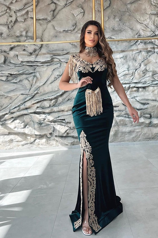Dark Green Sleeveless V-Neck Applique Mermaid Evening Dress with Detachable Skirt BM bride