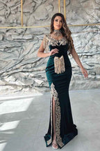 Sleeveless Applique Split Mermaid Prom Dress Dark Green With Detachable Skirt