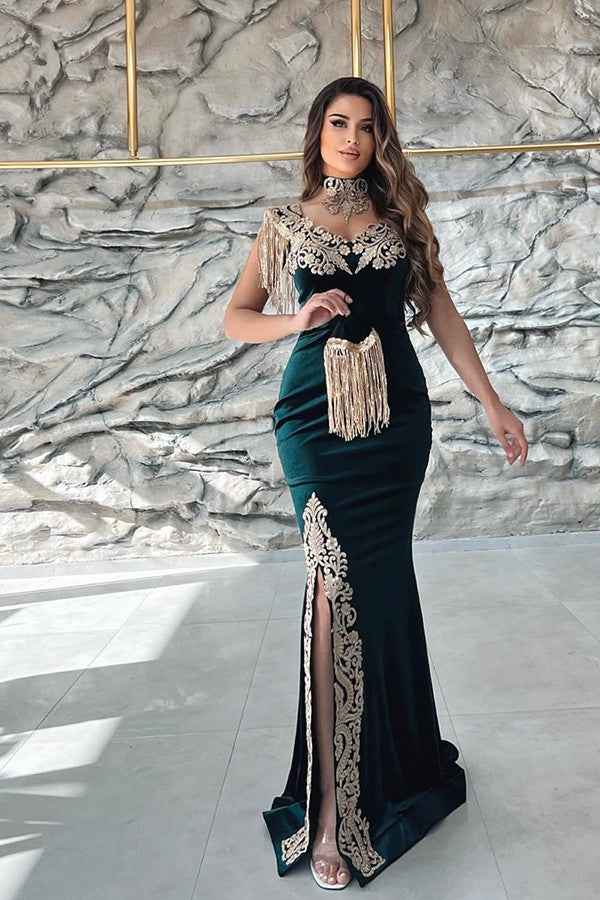 Sleeveless Applique Split Mermaid Prom Dress Dark Green With Detachable Skirt