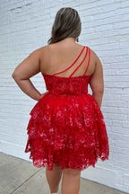 Sparkly Dark Blue Tiered Lace One Shoulder Short Homecoming Dress Bmbride