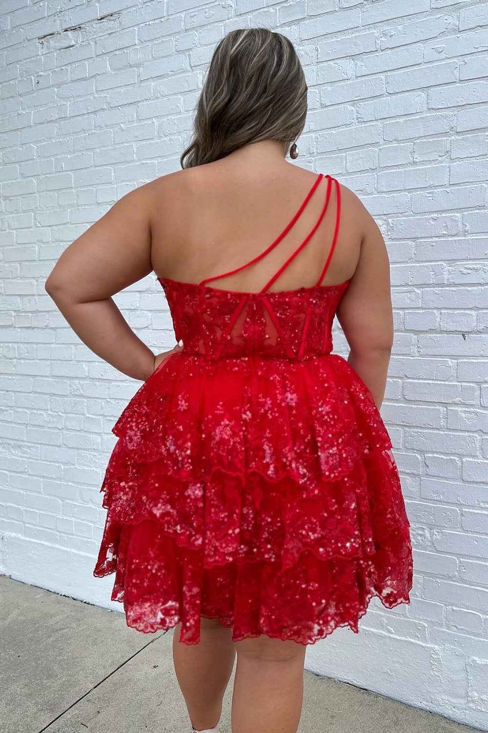 Sparkly Navy Tiered Lace One Shoulder A-Line Short Homecoming Dress Bmbride