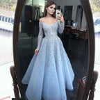 Elegant Sequin Appliques Prom Dress with Long Sleeve V-Neck A-Line Style BM bride
