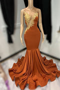 Sleeveless Tulle Mermaid Brown Long Prom Dress with Appliques BM bride