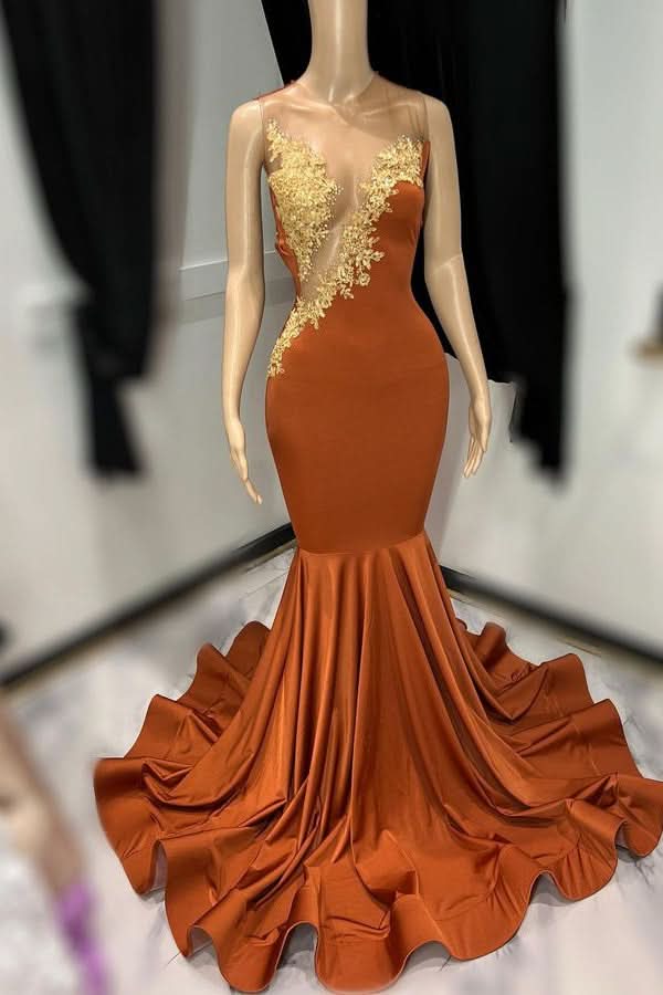Sleeveless Tulle Mermaid Brown Long Prom Dress with Appliques BM bride