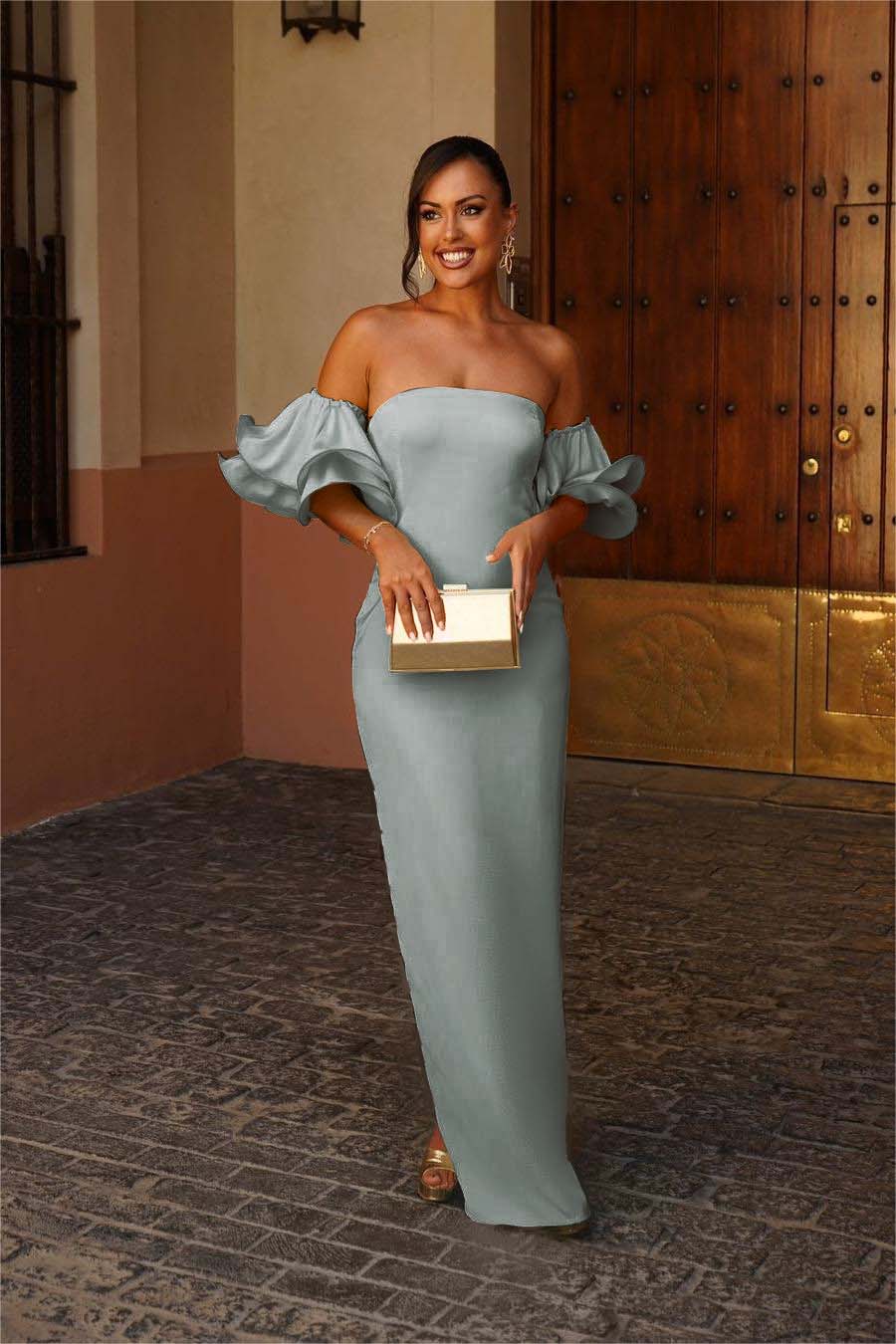 Strapless Bubble Sleeves Mermaid Long Prom Dress With Pleated BMBRIDE