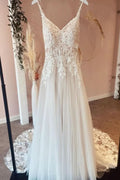 A-Line Sweetheart Spaghetti-Straps Tulle Wedding Dress With Lace Appliques BM bride
