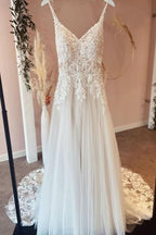 A-Line Sweetheart Spaghetti-Straps Tulle Wedding Dress With Lace Appliques BM bride