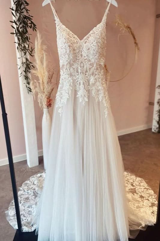 A-Line Sweetheart Spaghetti-Straps Tulle Wedding Dress With Lace Appliques BM bride