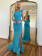 Glamorous Mermaid One Shoulder Sequins Prom Dress With Slit BM bride