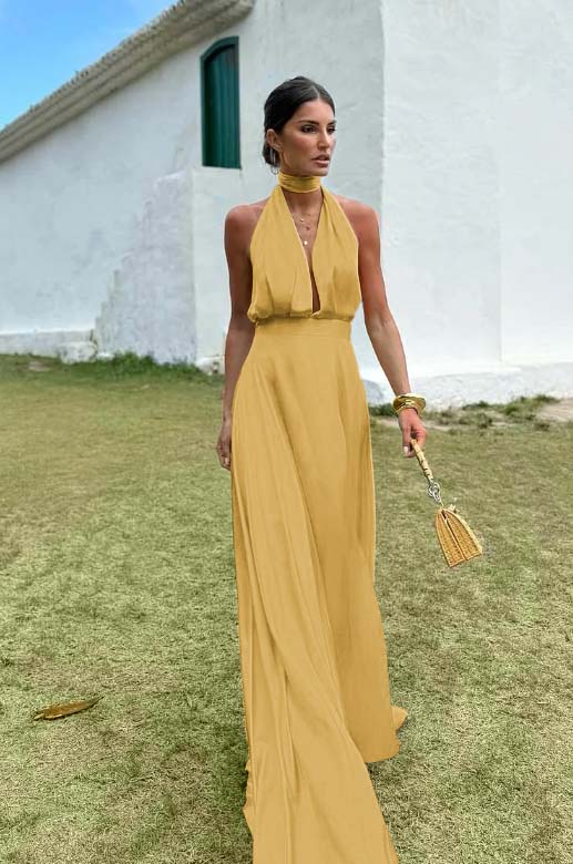 Charming Sleeveless Halter V Neck Long Prom Dress With Pleated BMBRIDE
