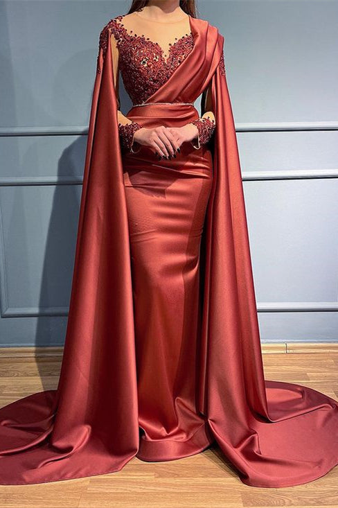 Rust Long Sleeve Mermaid Evening Dress with Bead Appliques and Ruffles BM bride