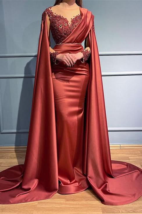 Rust Long Sleeve Mermaid Evening Dress with Bead Appliques and Ruffles BM bride