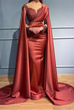 Rust Long Sleeve Mermaid Evening Dress with Bead Appliques and Ruffles BM bride