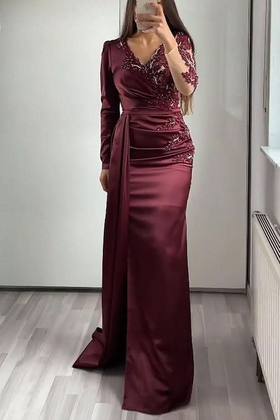 V-Neck Long Sleeves Ruffle Mermaid Prom Dress with Lace Appliques BM bride