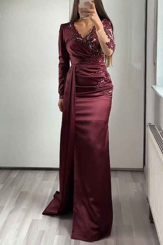 Long Sleeves Ruffles V Neck Pleated Mermaid Prom Dress With Lace Appliques