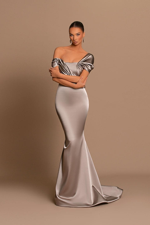 Glamorous Gray Off the Shoulder Mermaid Prom Dress With Pleated BMBRIDE