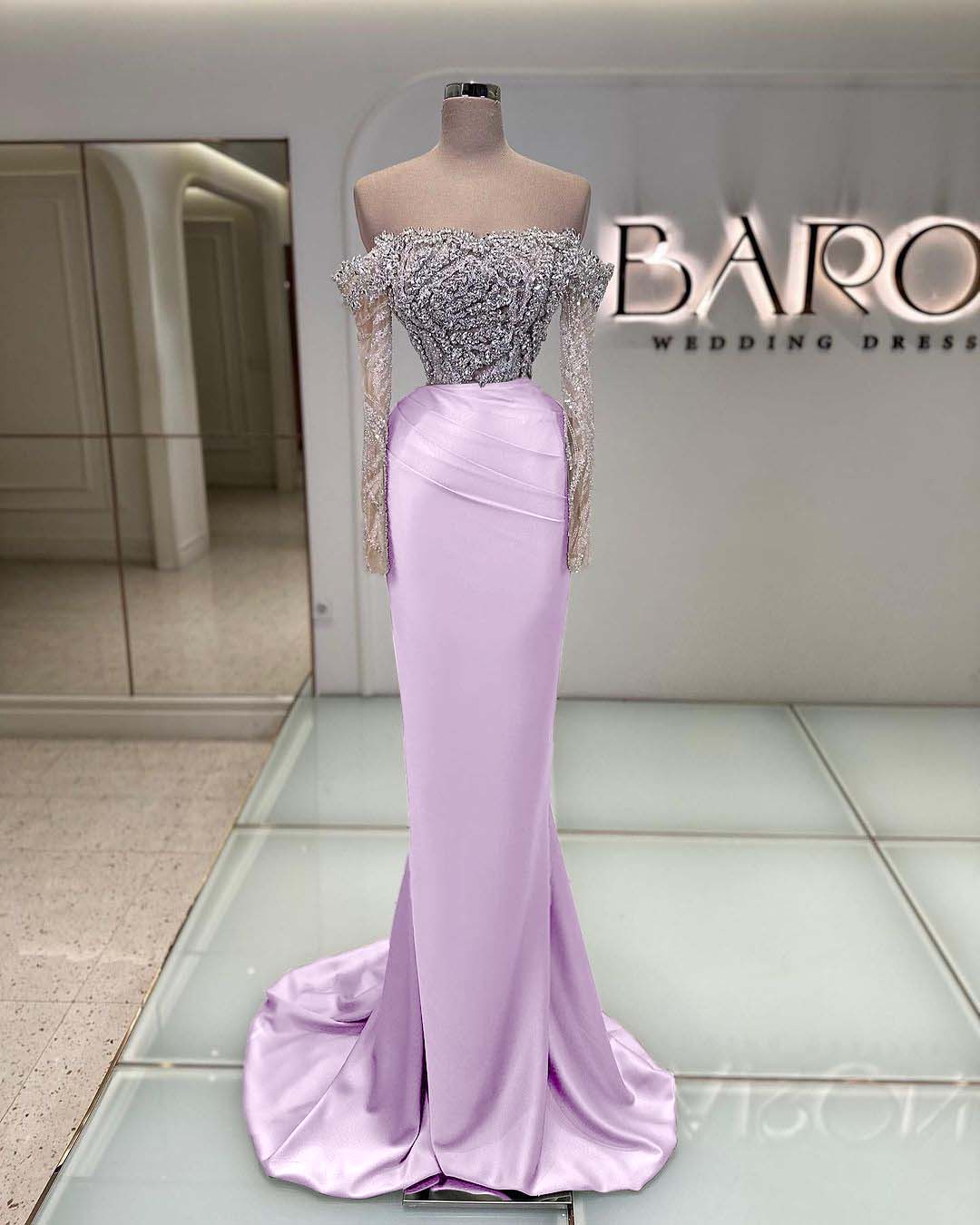 Off the Shoulder Long Sleeves Long Mermaid Prom Dress With Beading BMBRIDE