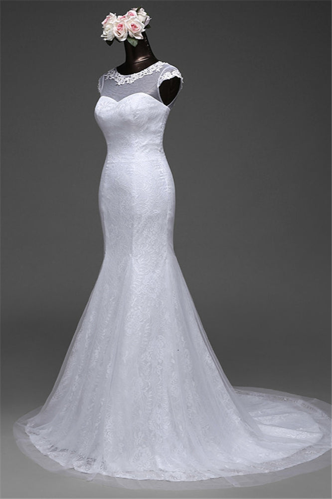 Jewel Neck Long Mermaid Lace Wedding Dress with Tulle Overskirt BM bride