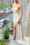 White Spaghetti-Strap Mermaid Prom Dress with Ruffles BM bride
