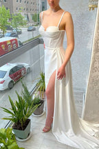 White Spaghetti-Strap Mermaid Prom Dress with Ruffles BM bride