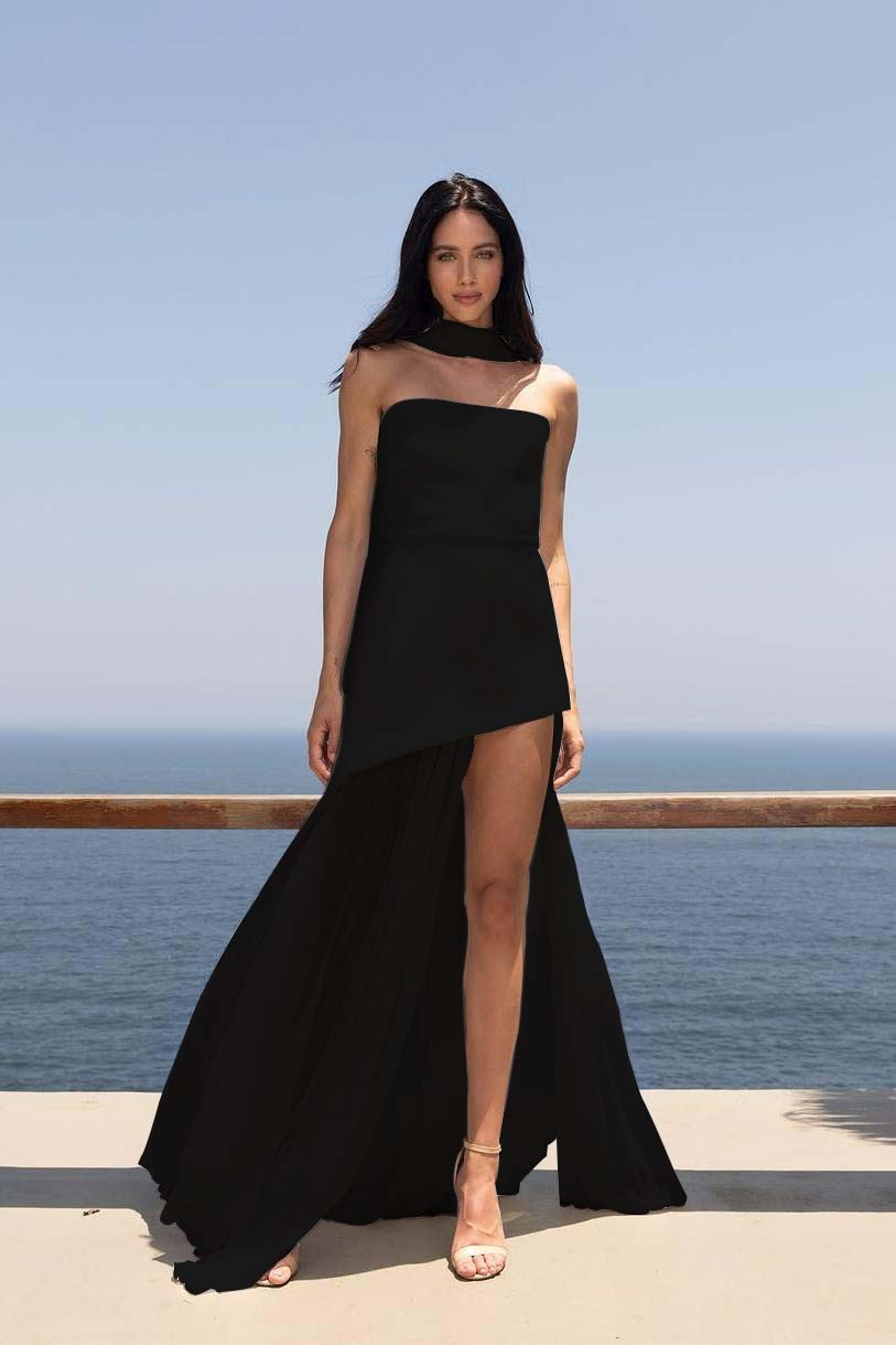 Strapless Sleeveless Split Long Prom Dress With Pleated Tulle