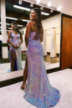 Sparkling Purple Sequin Prom Dress Sleeveless Slit Spaghetti Strap