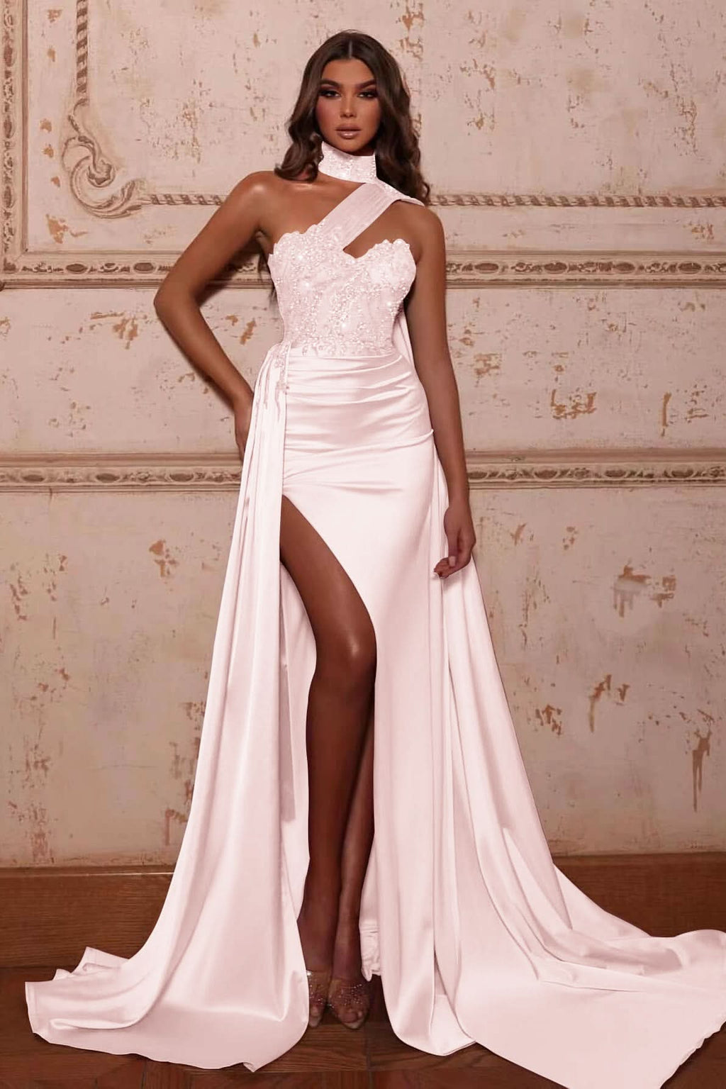 Mermaid Evening Dress with High Neck Split Beads and Ruffles BM bride