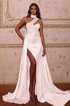 Mermaid Evening Dress with High Neck Split Beads and Ruffles BM bride