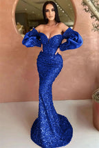 Off-The-Shoulder Mermaid Sweetheart Long Sleeves Evening Dress with Sequins BM bride