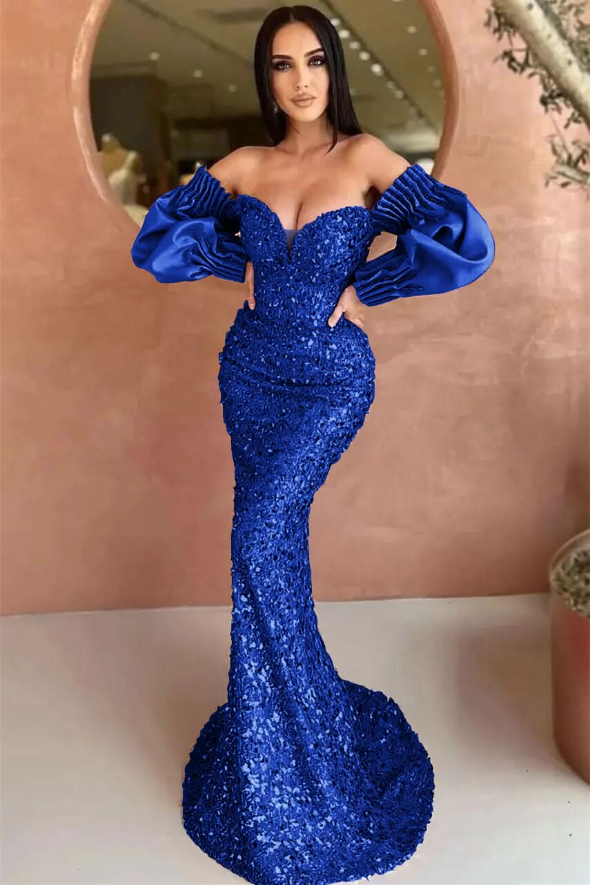 Off-The-Shoulder Mermaid Long Sleeve Evening Dress with Sequins BM bride
