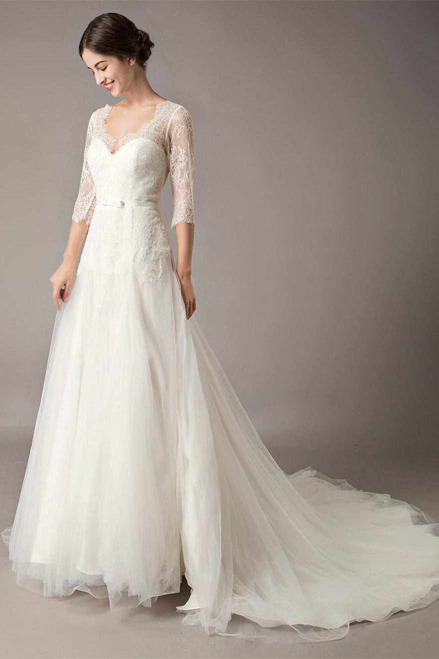 Half Sleeve Lace Beach Wedding Dress BM bride