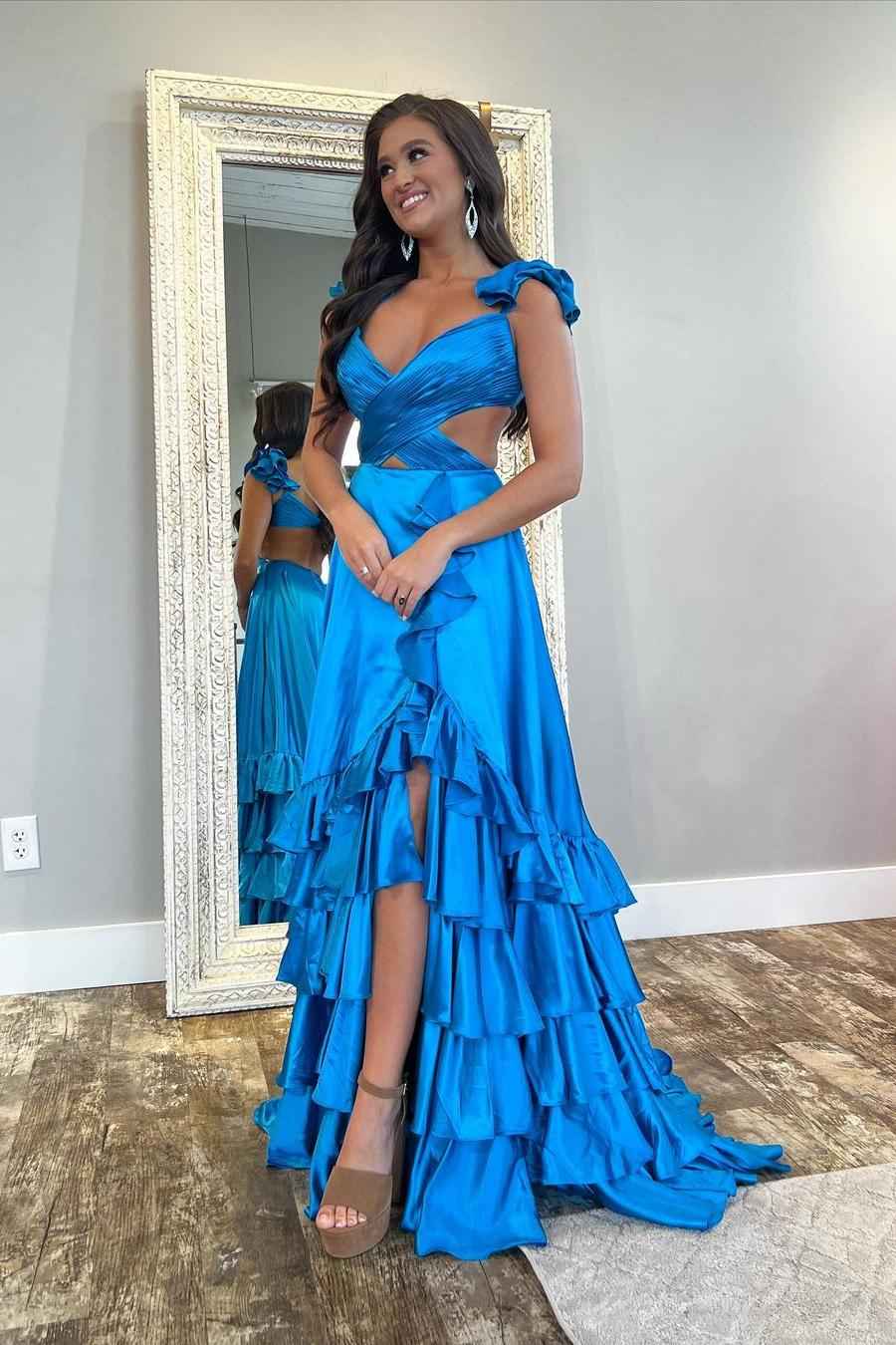 Straps Sleeveless Open Back Long Ruffles Prom Dress With Split