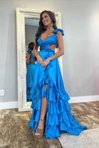 Straps Sleeveless Open Back Long Ruffles Prom Dress With Split