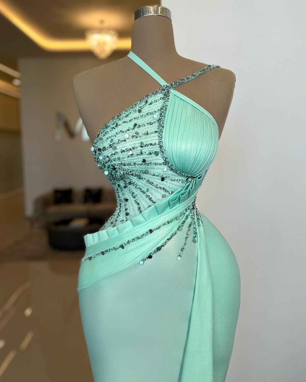 Amazing Mint Green Halter Sleeveless Ruffles Prom Dress With Sequins