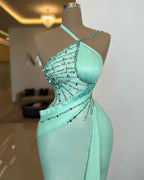 Amazing Mint Green Halter Sleeveless Mermaid Long Prom Dress With Sequins