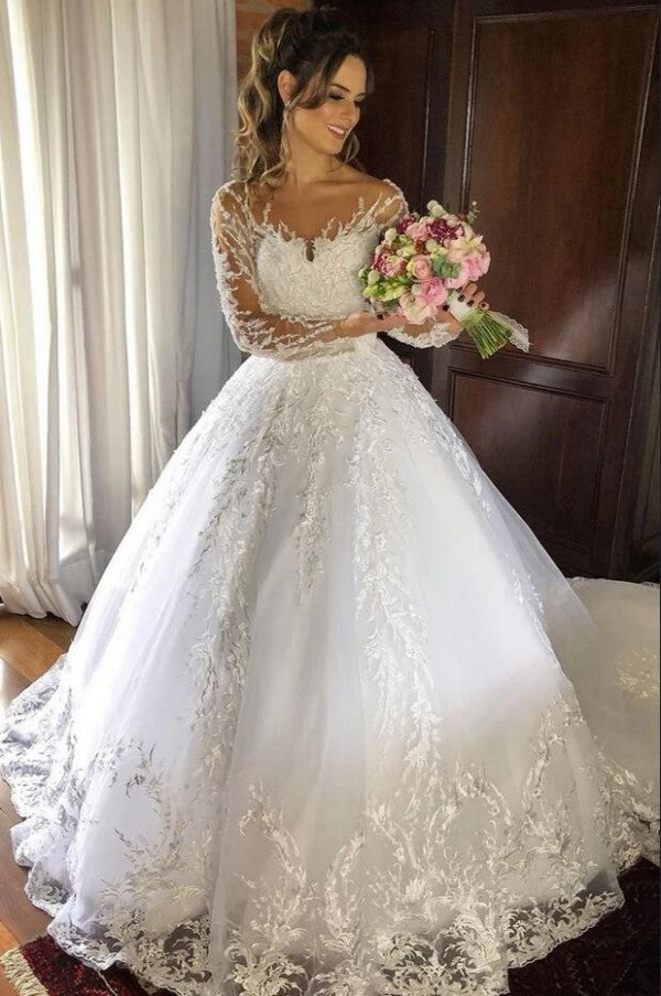 Sweetheart Backless Tulle Wedding Dress Long Sleeves With Appliques Lace BM bride
