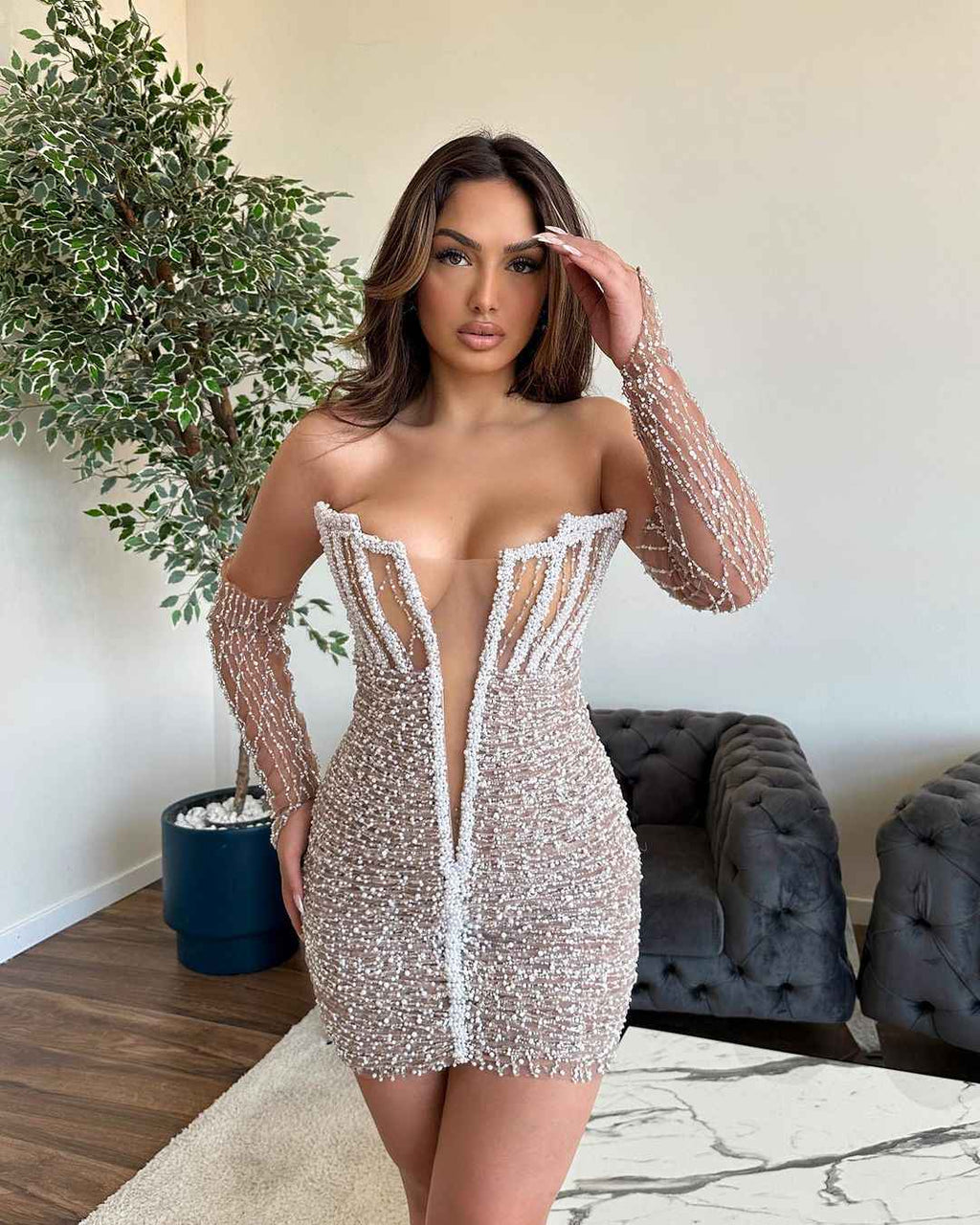 Heavy Sexy Beads Prom Dress V Neck Sleeveless With Front Split