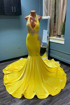 Mermaid Yellow Halter Backless Classic Prom Dress With Appliques
