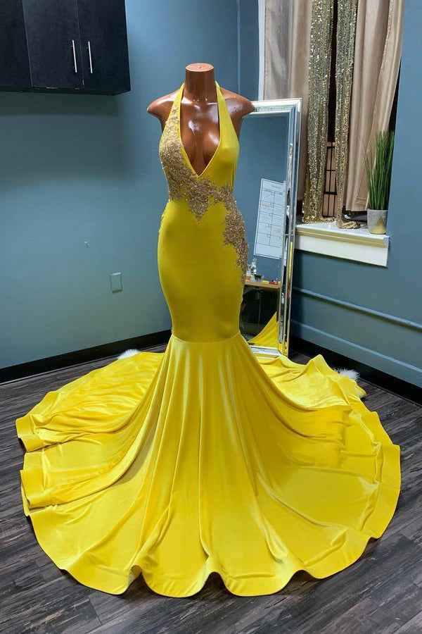 Mermaid Yellow Halter Backless Classic Prom Dress With Appliques