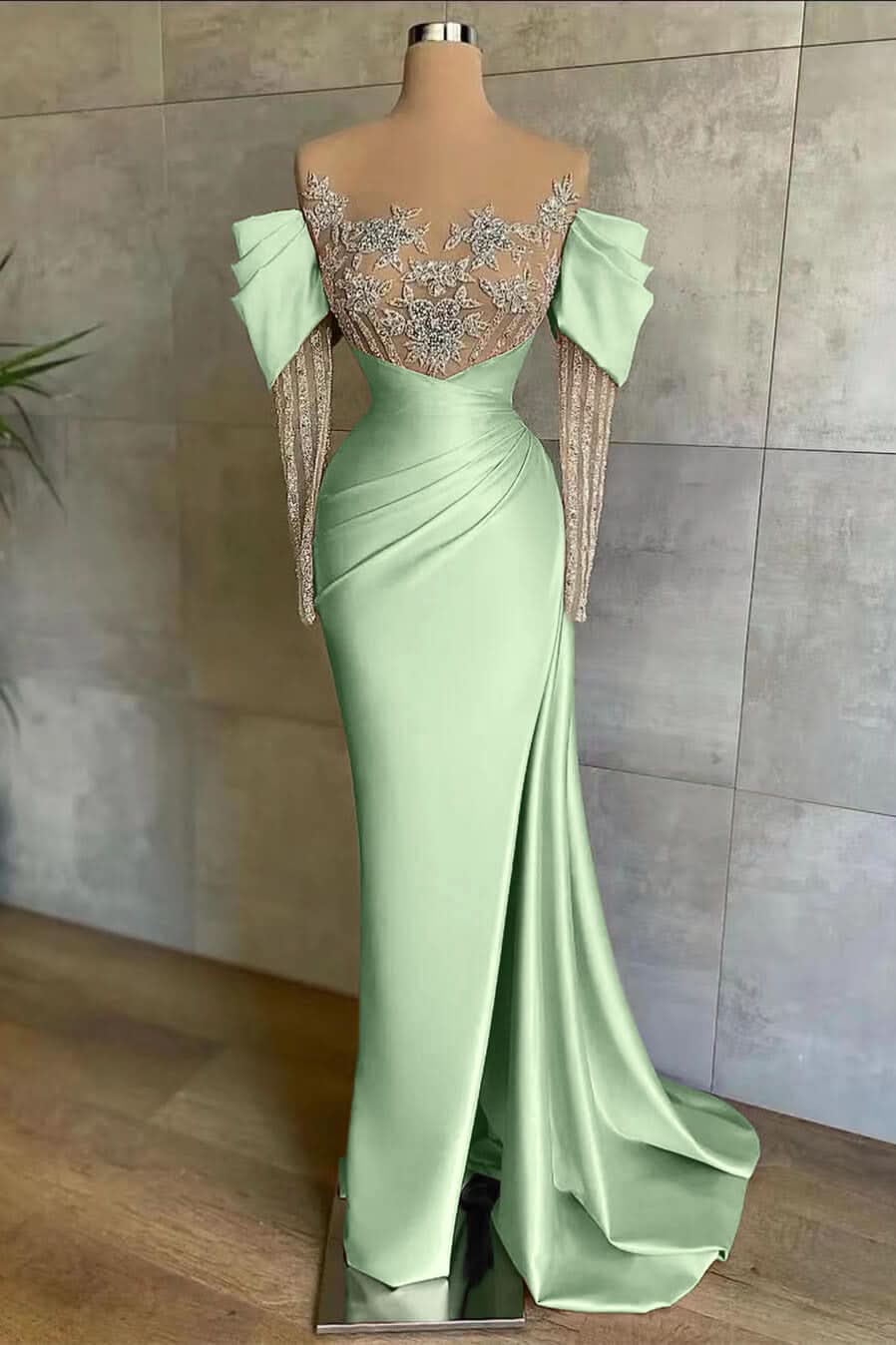 Pink Off-The-Shoulder Front Split Mermaid Prom Dress with Beadings and Appliques BM bride