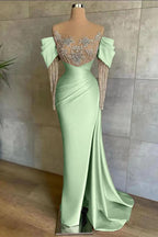 Pink Off-The-Shoulder Front Split Mermaid Prom Dress with Beadings and Appliques BM bride