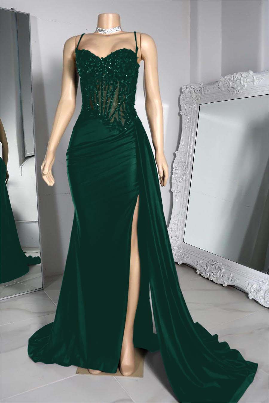 Exquisite Black Spaghetti Strap Sleeveless Pleated Long Split Prom Dress With Beading BMBRIDE